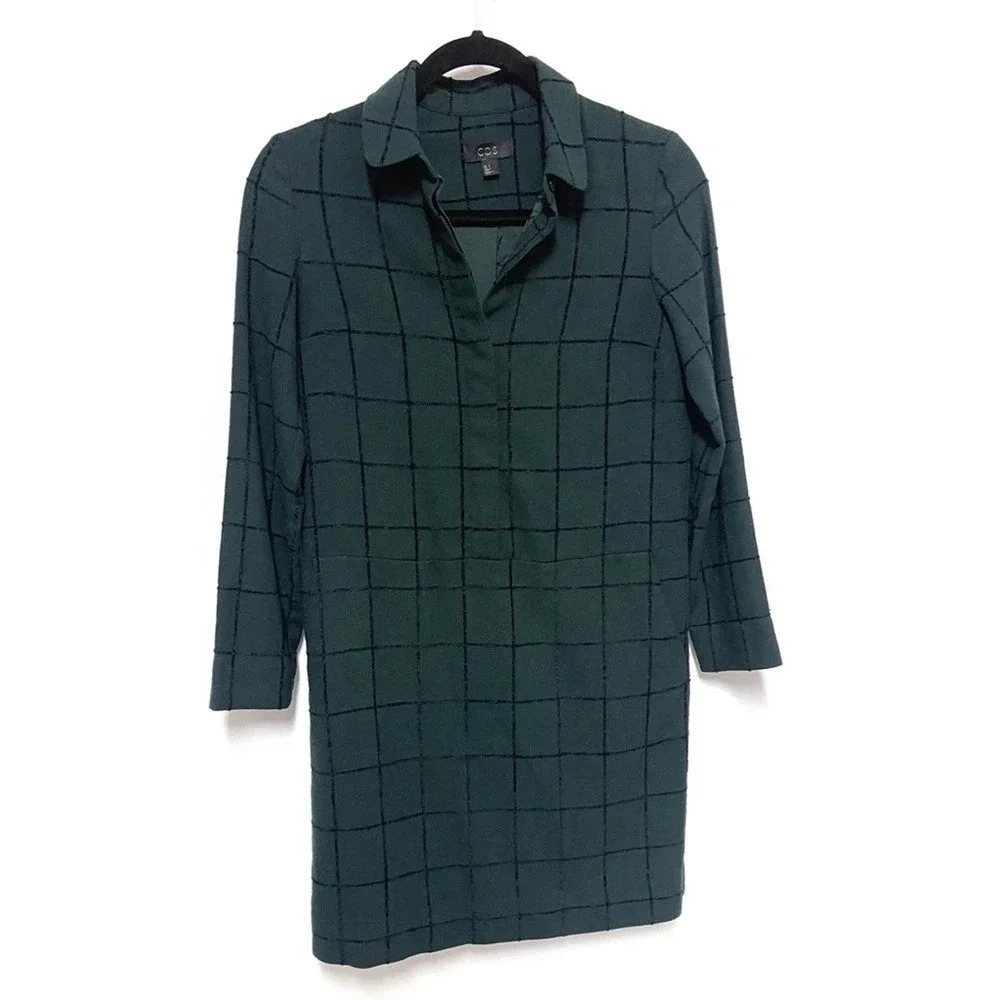 COS Windowpane Plaid Button Down Shirt Dress - Business Casual Knee Length